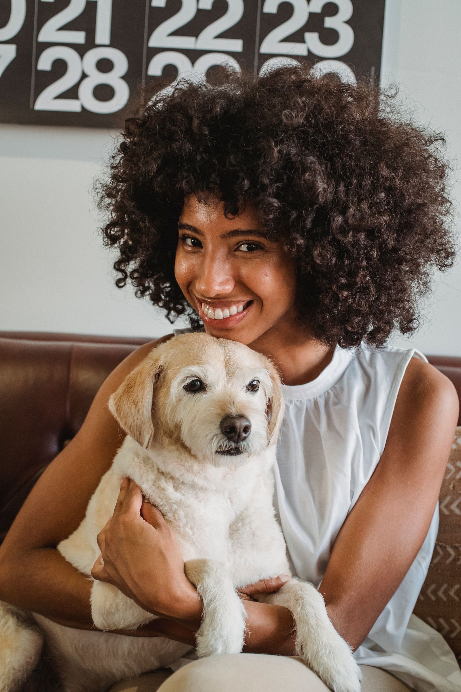 Woman sitting on a sofa and holding her dog at home