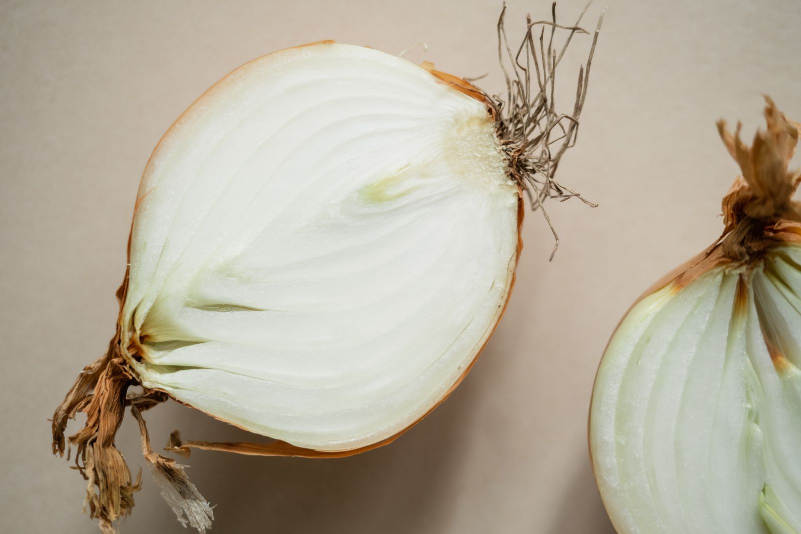 Onion cut in half on a neutral background