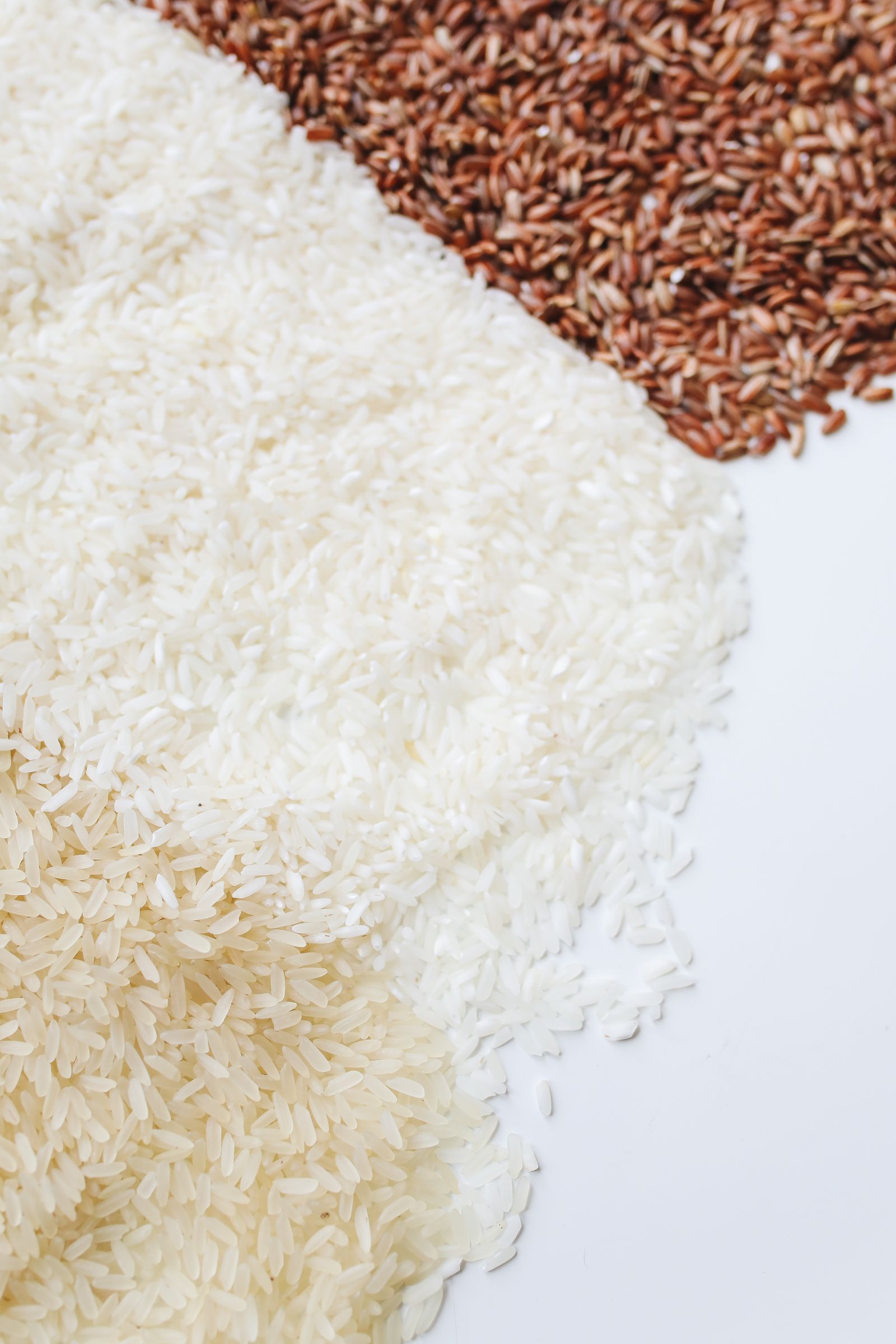 Assorted rice grains on a white background